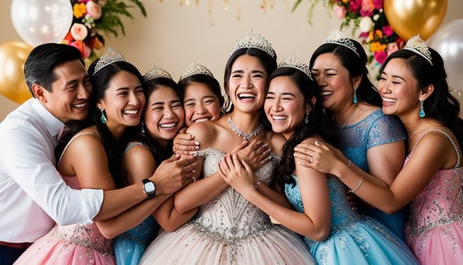 foto de quinceañera abrazadas con personas